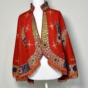 Vintage Red Embroidered Felted Wool Cape‎ Poncho Mirror Work One Size Boho 1970s